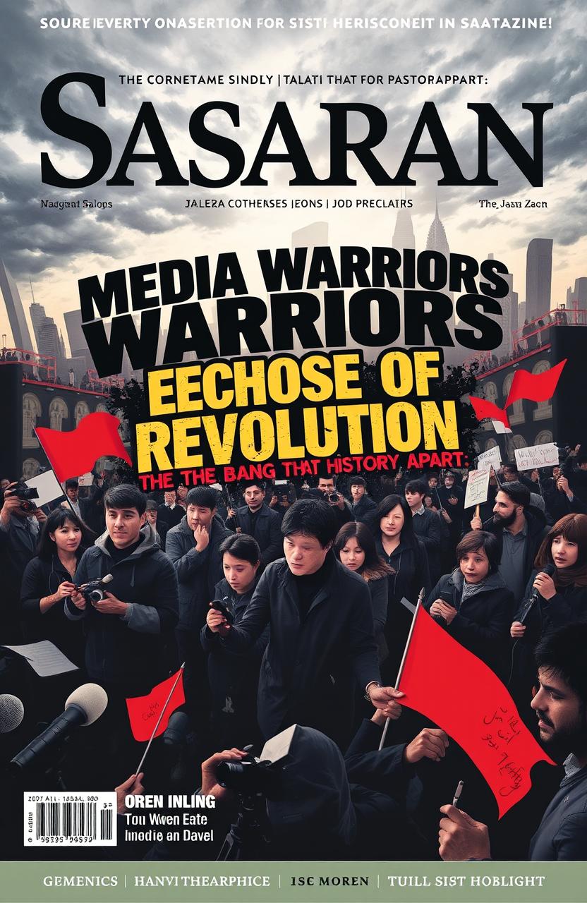A dynamic cover for a journalism magazine titled 'Sasaran', featuring the theme 'Media Warriors, Echoes of Revolution: The Bang that Tears History Apart'