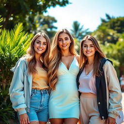 A stunning view of three beautiful women standing together in a vibrant outdoor setting