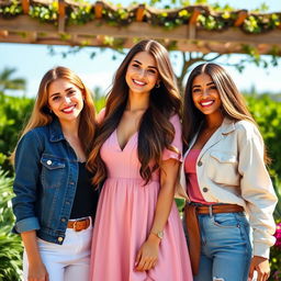 A stunning view of three beautiful women standing together in a vibrant outdoor setting