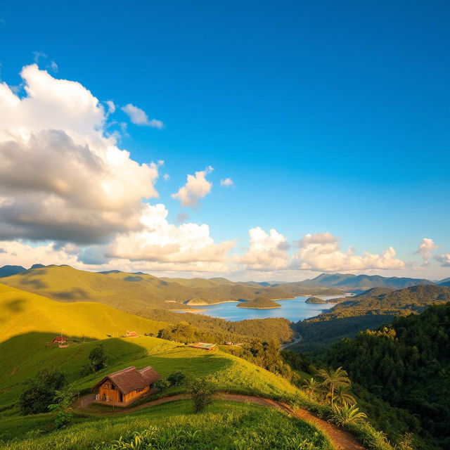 A picturesque landscape of Sajek, showcasing lush green hills and valleys under a bright blue sky with fluffy clouds