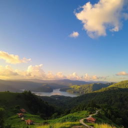 A picturesque landscape of Sajek, showcasing lush green hills and valleys under a bright blue sky with fluffy clouds