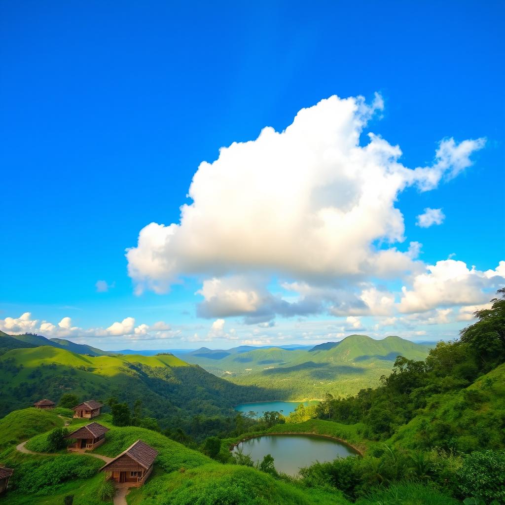 A picturesque landscape of Sajek, showcasing lush green hills and valleys under a bright blue sky with fluffy clouds