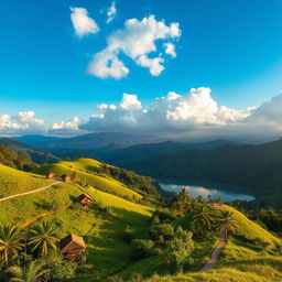 A picturesque landscape of Sajek, showcasing lush green hills and valleys under a bright blue sky with fluffy clouds