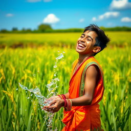 A playful Indian youth enjoying a sunny day in a lush green paddy field