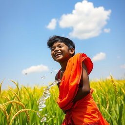 A playful Indian youth enjoying a sunny day in a lush green paddy field