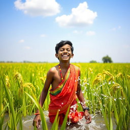 A playful Indian youth enjoying a sunny day in a lush green paddy field
