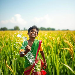 A playful Indian youth enjoying a sunny day in a lush green paddy field