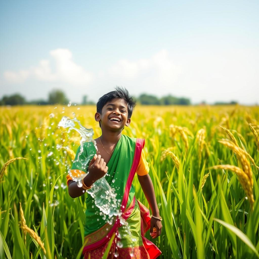 A playful Indian youth enjoying a sunny day in a lush green paddy field