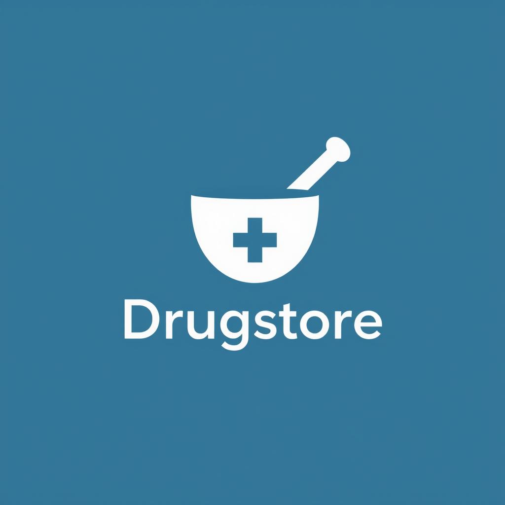 A modern and minimalistic logo design for a drugstore, featuring a stylized mortar and pestle or a cross symbol to represent healthcare