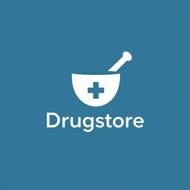 A modern and minimalistic logo design for a drugstore, featuring a stylized mortar and pestle or a cross symbol to represent healthcare