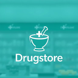 A modern and minimalistic logo design for a drugstore, featuring a stylized mortar and pestle or a cross symbol to represent healthcare