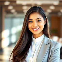 A professional and stylish profile photo of a young adult woman with long dark hair, wearing a crisp white blouse and a light gray blazer