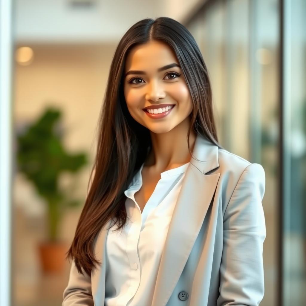 A professional and stylish profile photo of a young adult woman with long dark hair, wearing a crisp white blouse and a light gray blazer