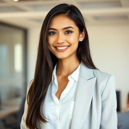 A professional and stylish profile photo of a young adult woman with long dark hair, wearing a crisp white blouse and a light gray blazer