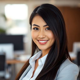 A professional and stylish profile photo of a young adult woman with long dark hair, wearing a crisp white blouse and a light gray blazer
