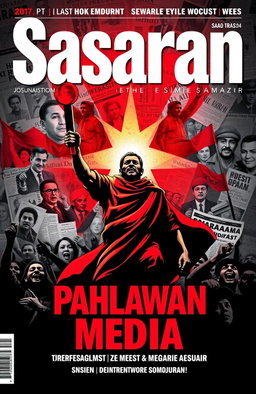 A bold and striking cover design for a journalism magazine named 'Sasaran' with a theme of 'Pahlawan Media, Gema Revolusi, dentuman yang merobek Sejarah'
