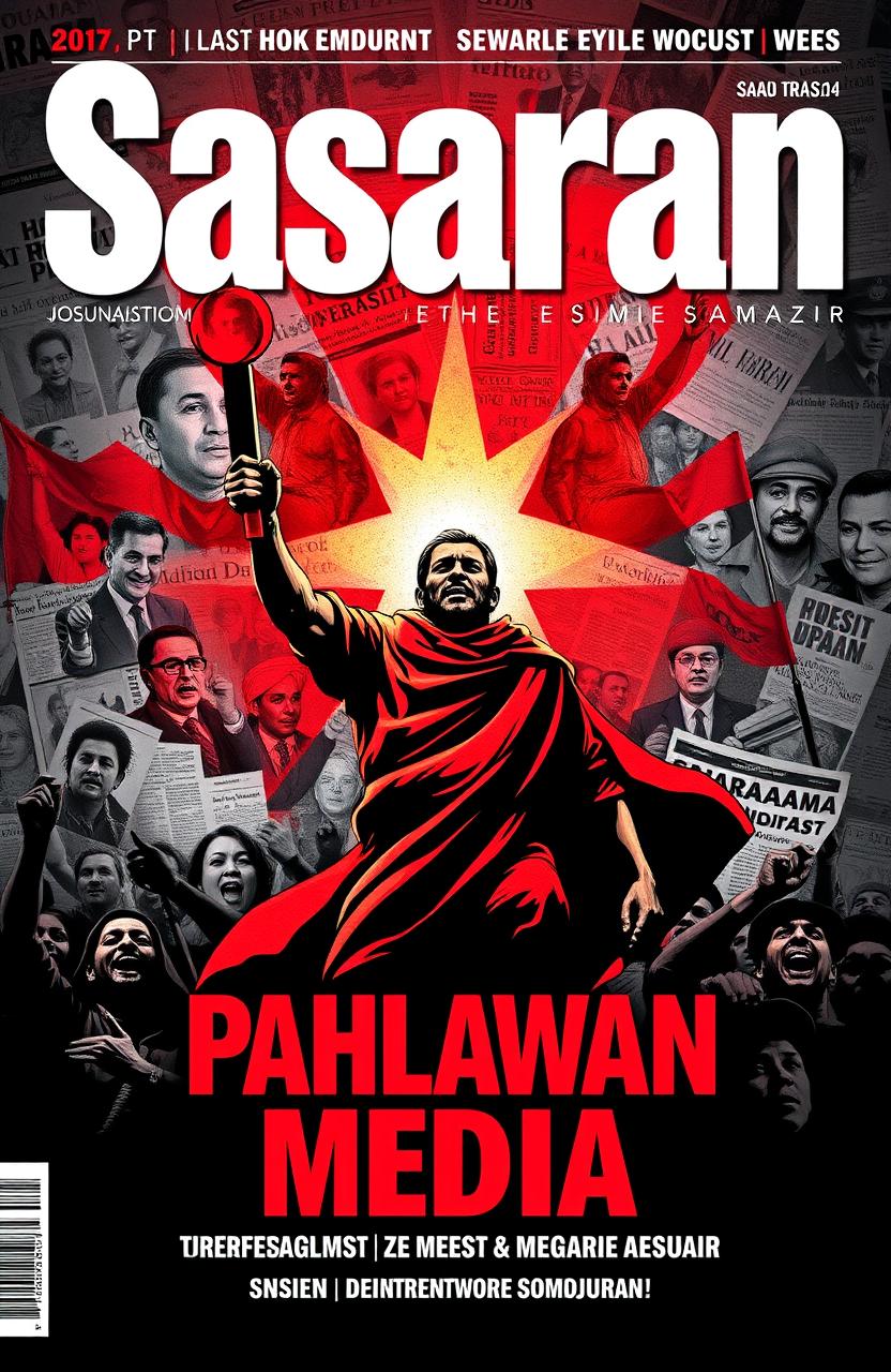 A bold and striking cover design for a journalism magazine named 'Sasaran' with a theme of 'Pahlawan Media, Gema Revolusi, dentuman yang merobek Sejarah'