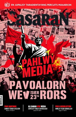 A bold and striking cover design for a journalism magazine named 'Sasaran' with a theme of 'Pahlawan Media, Gema Revolusi, dentuman yang merobek Sejarah'