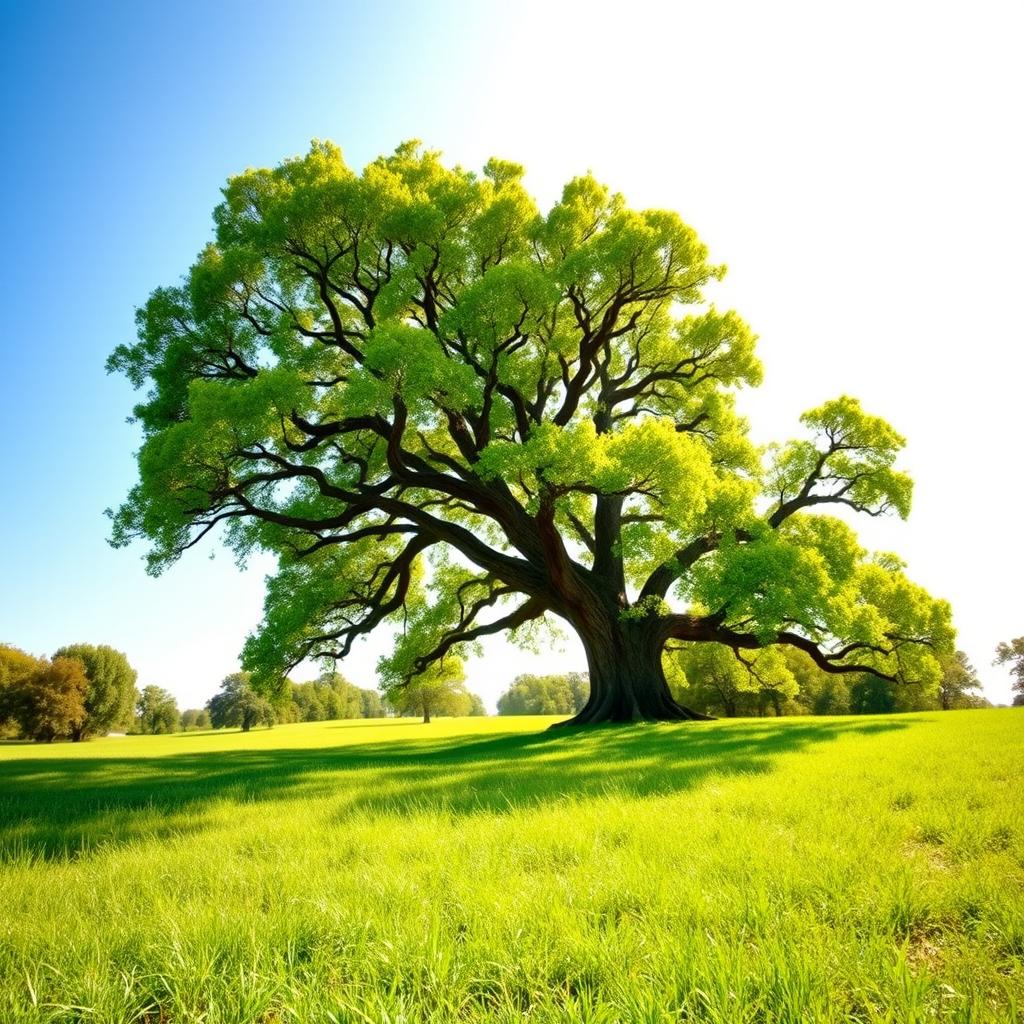 A photo of a serene landscape with a clear blue sky and lush green fields in the foreground
