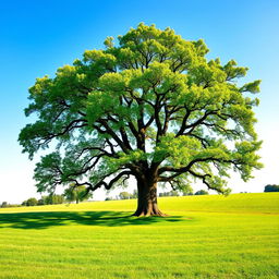 A photo of a serene landscape with a clear blue sky and lush green fields in the foreground