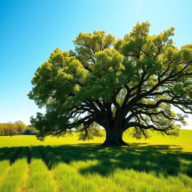 A photo of a serene landscape with a clear blue sky and lush green fields in the foreground