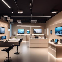 A sleek home automation office with neutral colored walls, modern furniture, and tech-themed accents. Display areas for smart products, a cozy consultation corner, and an efficient checkout space. An inviting atmosphere for tech lovers with integrated lighting and a clean aesthetic.