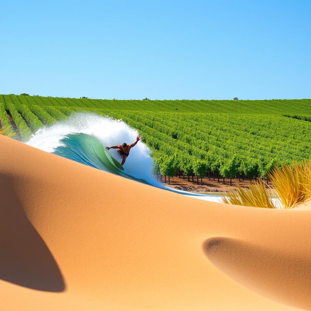 A surfer riding a wave near sand dunes with lush vineyards in the background