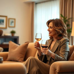 A confident and alluring woman in her 40s, dressed in stylish yet sophisticated attire, exuding elegance and charm
