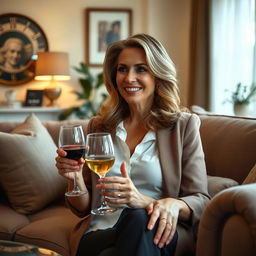 A confident and alluring woman in her 40s, dressed in stylish yet sophisticated attire, exuding elegance and charm