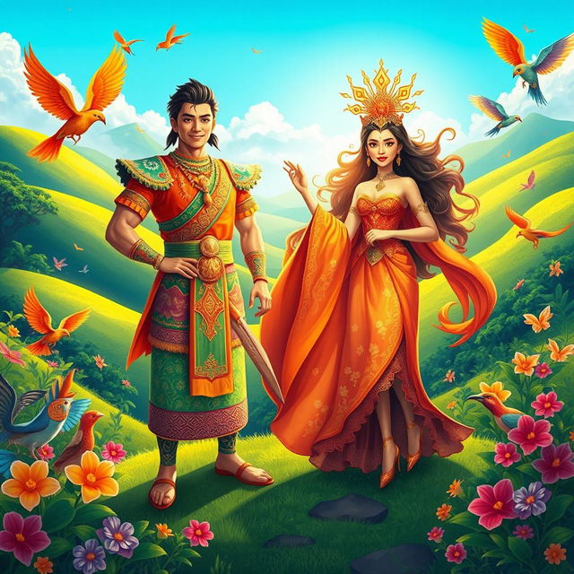 A vibrant scene depicting the rise of Dononggon and Rami-ang, inspired by traditional Filipino folklore