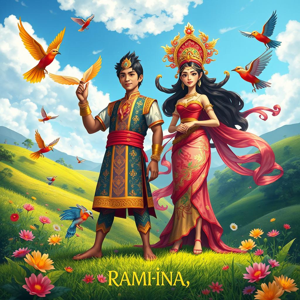A vibrant scene depicting the rise of Dononggon and Rami-ang, inspired by traditional Filipino folklore