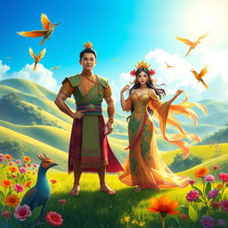 A vibrant scene depicting the rise of Dononggon and Rami-ang, inspired by traditional Filipino folklore