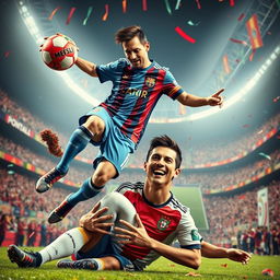 A surreal depiction of two legendary soccer players, Lionel Messi and Cristiano Ronaldo, in an imaginative scene
