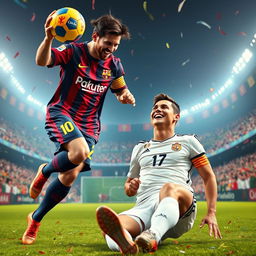 A surreal depiction of two legendary soccer players, Lionel Messi and Cristiano Ronaldo, in an imaginative scene
