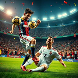 A surreal depiction of two legendary soccer players, Lionel Messi and Cristiano Ronaldo, in an imaginative scene