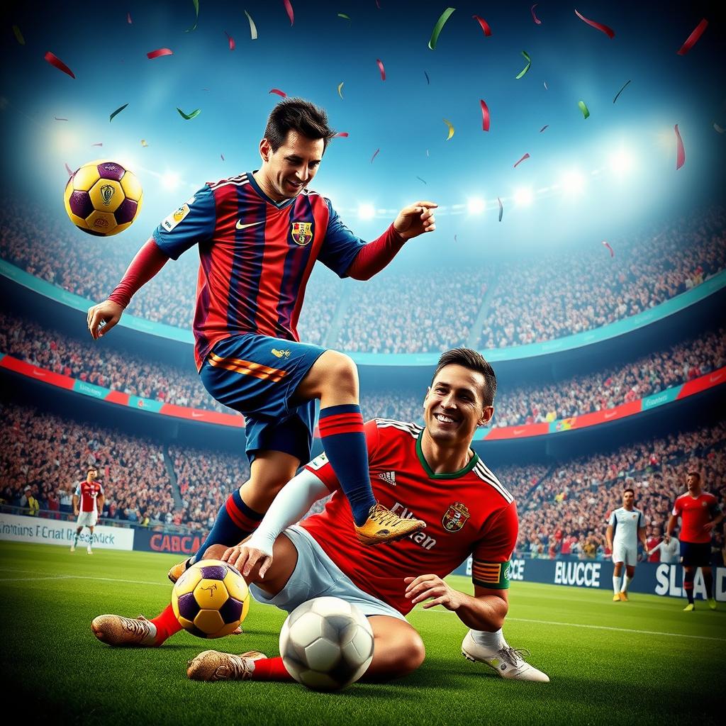 A surreal depiction of two legendary soccer players, Lionel Messi and Cristiano Ronaldo, in an imaginative scene
