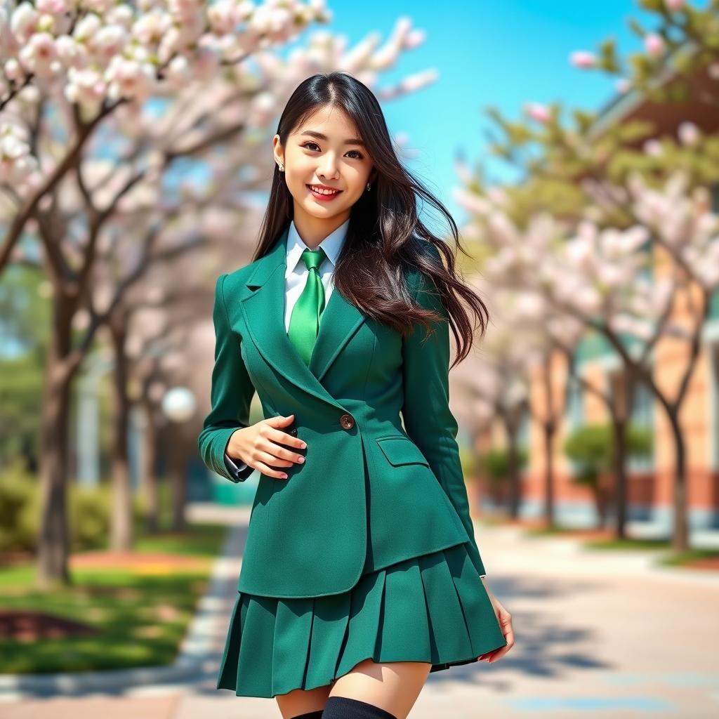A stylish young woman resembling a popular K-pop star, wearing a trendy green school uniform with a fitted blazer and pleated skirt