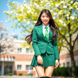 A stylish young woman resembling a popular K-pop star, wearing a trendy green school uniform with a fitted blazer and pleated skirt