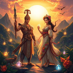 A captivating scene illustrating 'Ang Pag-usbong ni Dononggon at Rami-ang', showcasing the legendary rise of these two characters from Filipino folklore