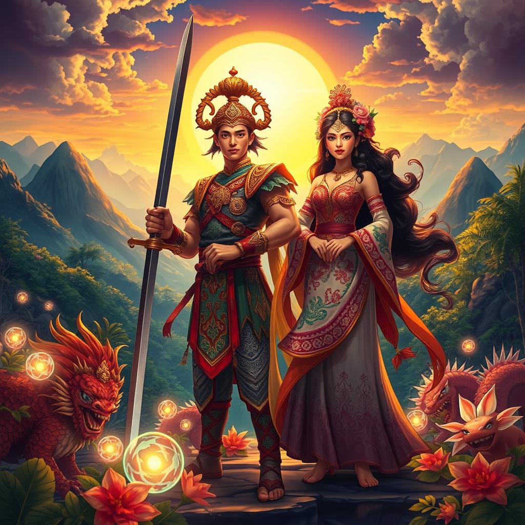 A captivating scene illustrating 'Ang Pag-usbong ni Dononggon at Rami-ang', showcasing the legendary rise of these two characters from Filipino folklore