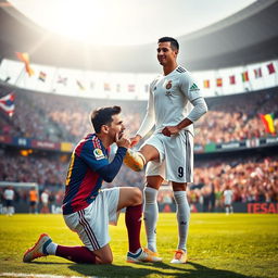 A humorous scene depicting soccer legends Lionel Messi and Cristiano Ronaldo on a soccer field