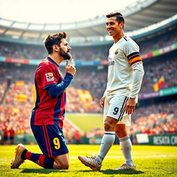 A humorous scene depicting soccer legends Lionel Messi and Cristiano Ronaldo on a soccer field