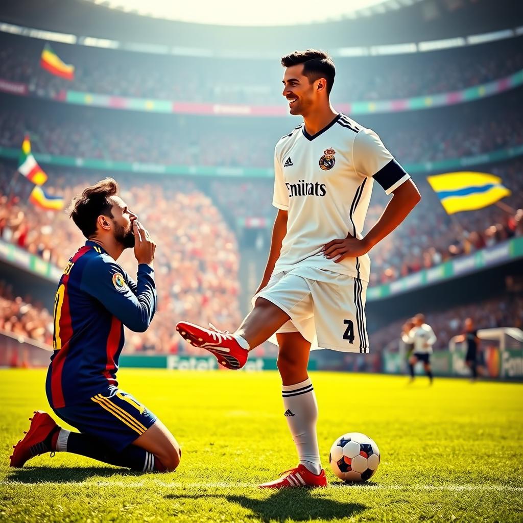 A humorous scene depicting soccer legends Lionel Messi and Cristiano Ronaldo on a soccer field