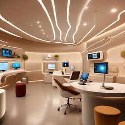 A sleek home automation office with neutral colored walls, modern furniture, and tech-themed accents. Display areas for smart products, a cozy consultation corner, and an efficient checkout space. An inviting atmosphere for tech lovers with integrated lighting and a clean aesthetic.