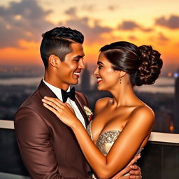 A glamorous and romantic setting featuring Cristiano Ronaldo and Irina Shayk, both elegantly dressed