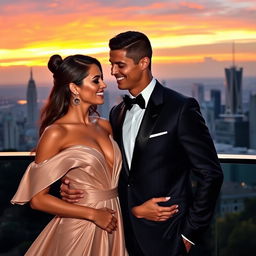 A glamorous and romantic setting featuring Cristiano Ronaldo and Irina Shayk, both elegantly dressed