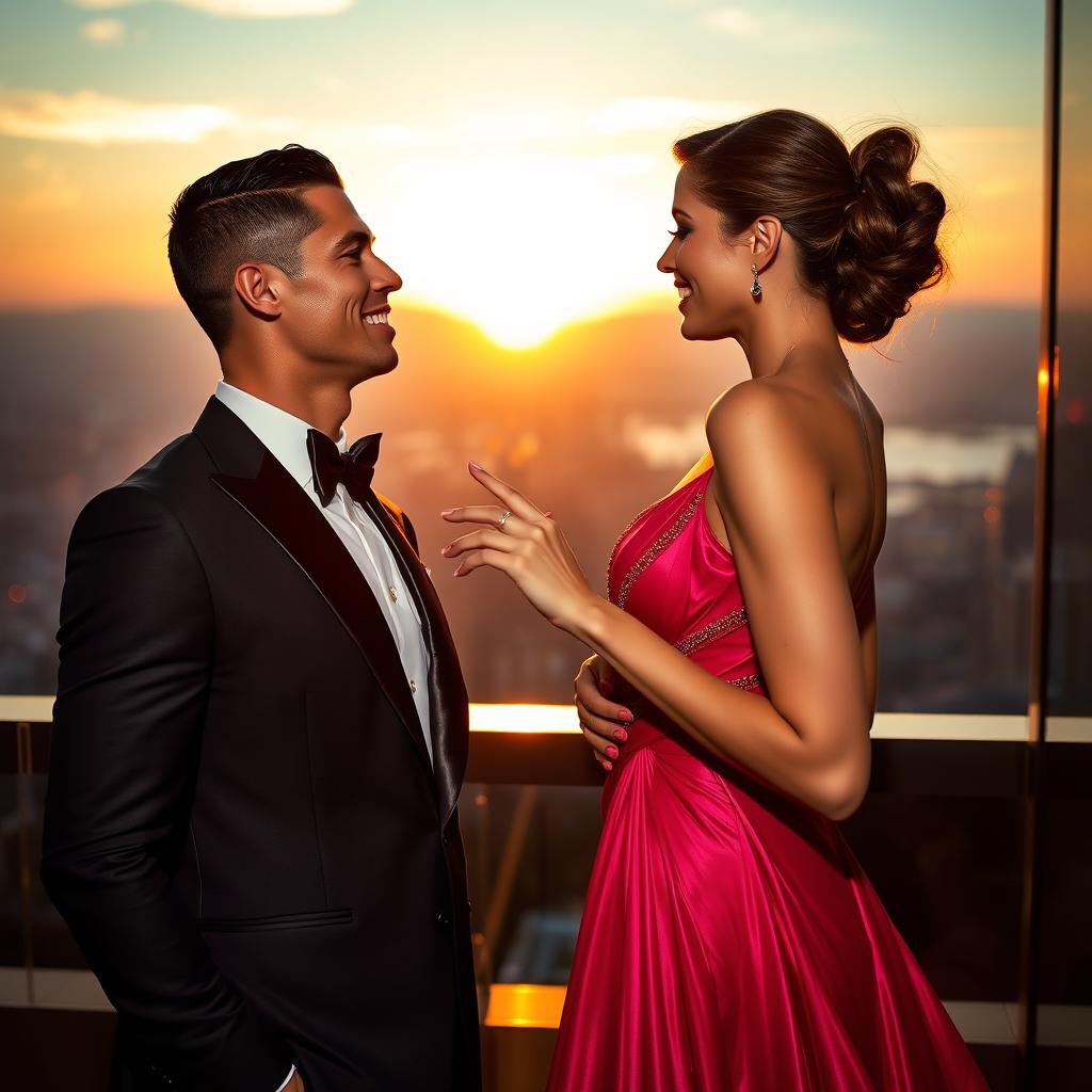 A glamorous and romantic setting featuring Cristiano Ronaldo and Irina Shayk, both elegantly dressed