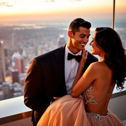 A glamorous and romantic setting featuring Cristiano Ronaldo and Irina Shayk, both elegantly dressed