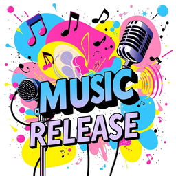 A vibrant and artistic representation of a music release, incorporating elements like musical notes, microphones, and vibrant sound waves, intertwined with brilliant colors like blue, pink, and yellow, symbolizing the excitement of a new song