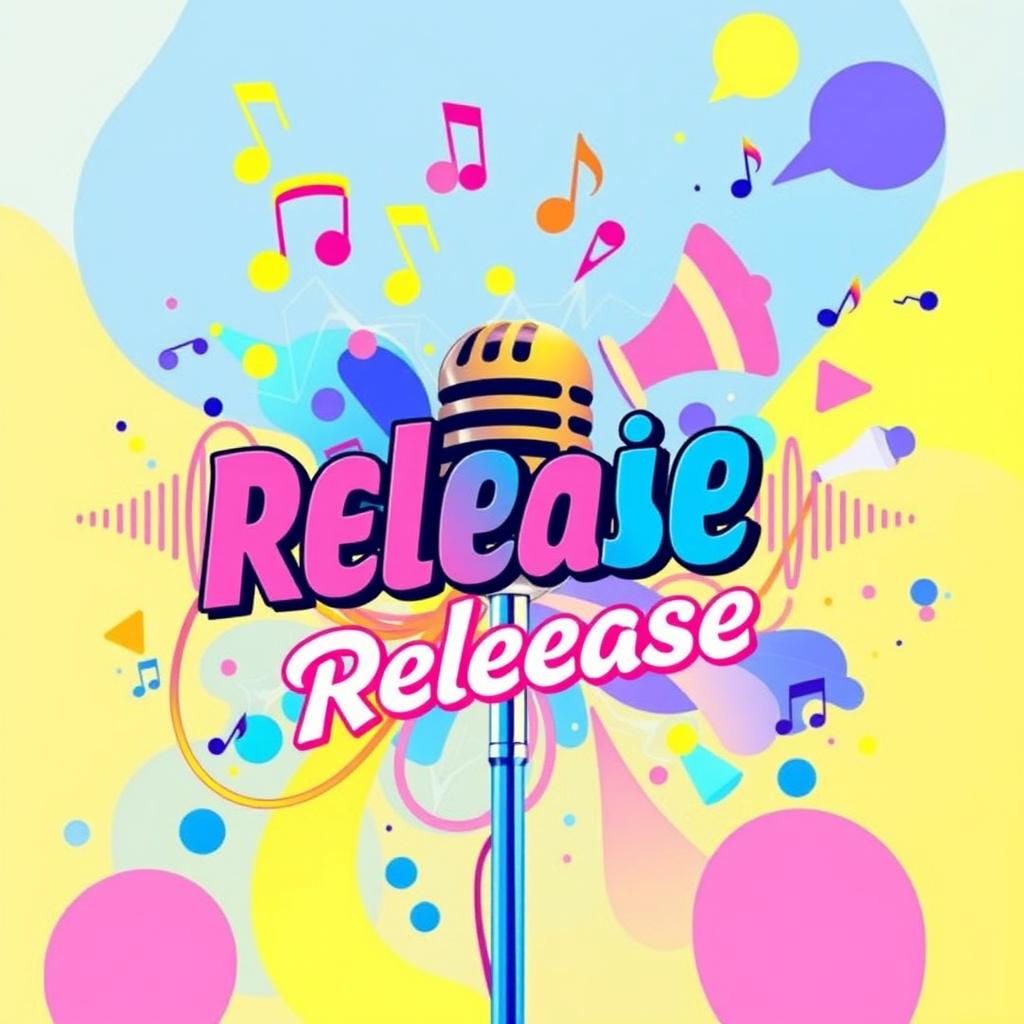 A vibrant and artistic representation of a music release, incorporating elements like musical notes, microphones, and vibrant sound waves, intertwined with brilliant colors like blue, pink, and yellow, symbolizing the excitement of a new song
